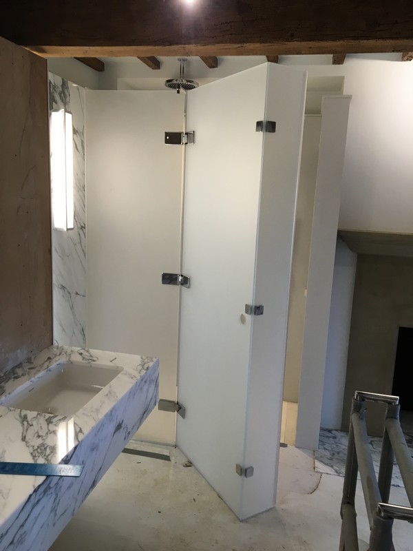 Bespoke frosted glass shower enclosure in Chiswick luxury bathroom